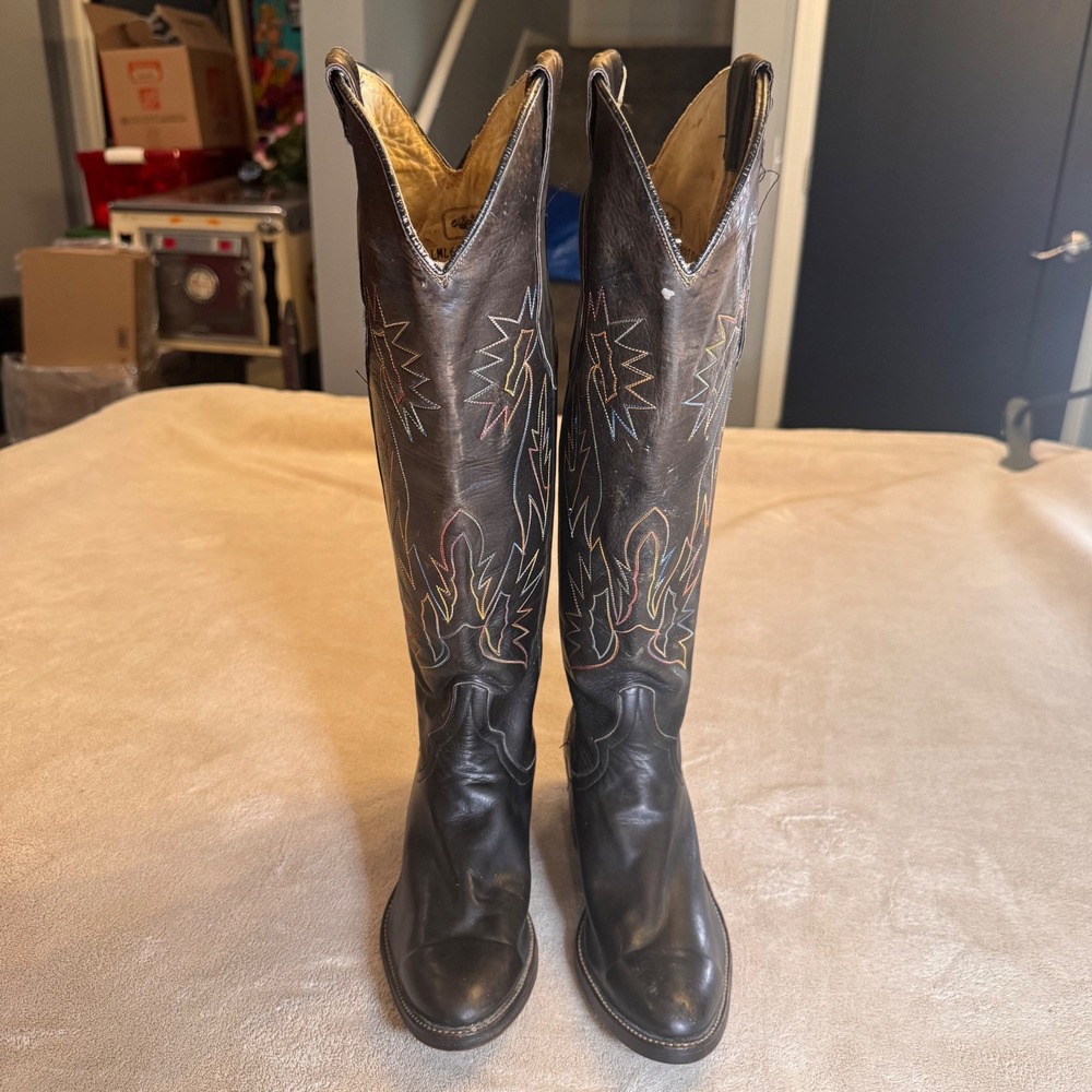 Biltrite Black Leather Rainbow Stitch Tall Western Cowboy Boots Festival Sz 5.5B - Picture 3 of 12